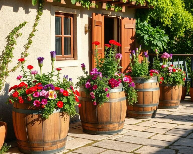 DIY-Blumenkübel aus alten Holzfässern für rustikale Terrassen