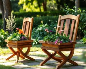 Holzstühle mit integriertem Blumenkasten für stilvolle Akzente