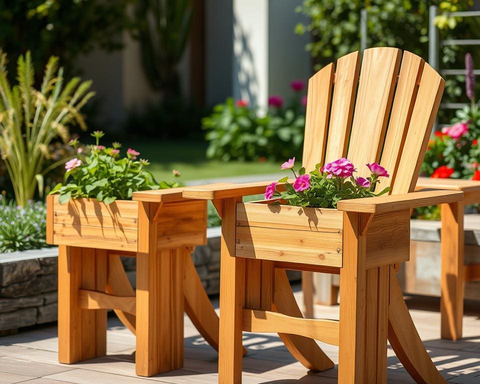 Holzstühle mit integriertem Blumenkasten