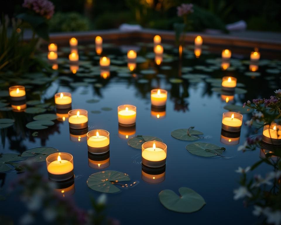 Schwimmkerzen für romantische Beleuchtung auf Gartenteichen